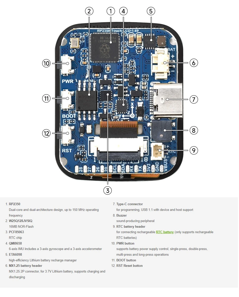 1.69-inch rounded LCD touchscreen RP2350 microcontroller development board