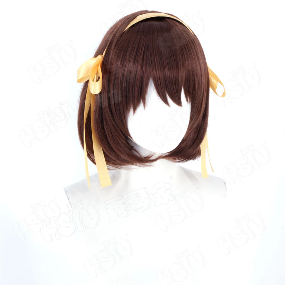 أنيمي Haruhi Suzumiya شعر مستعار تأثيري 35 سنتيمتر البني الداكن الشعر القصير شعر مستعار اصطناعي + غطاء شعر مستعار حفلة الهالوين شعر مستعار