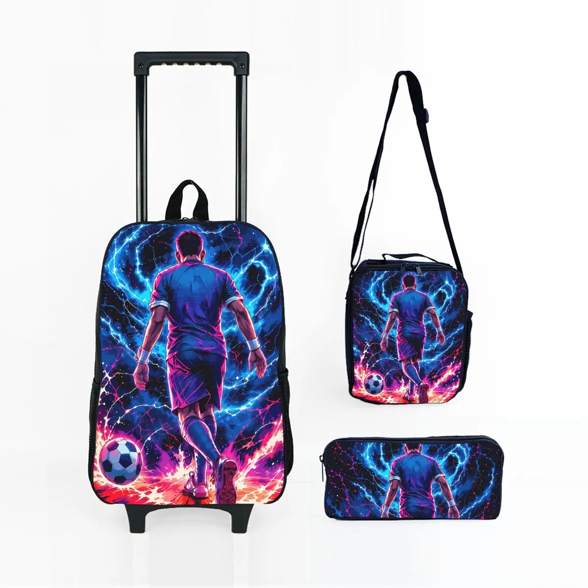 New Football Print Children's Wheeled Rolling Bag Set with Lunch Box Pen Bag with Wheels School Trolley Bag for Girl/Boys