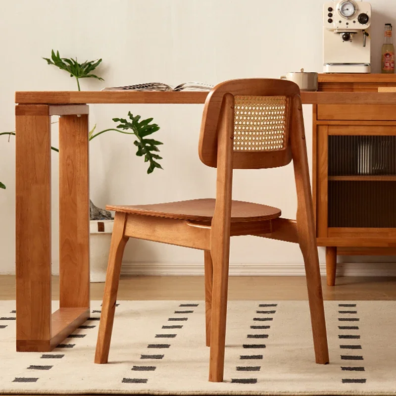 Solid Wood Dining Chairs For Home Dining Casual And Simple Commercial Use Retro Rattan Woven Backrest Stool