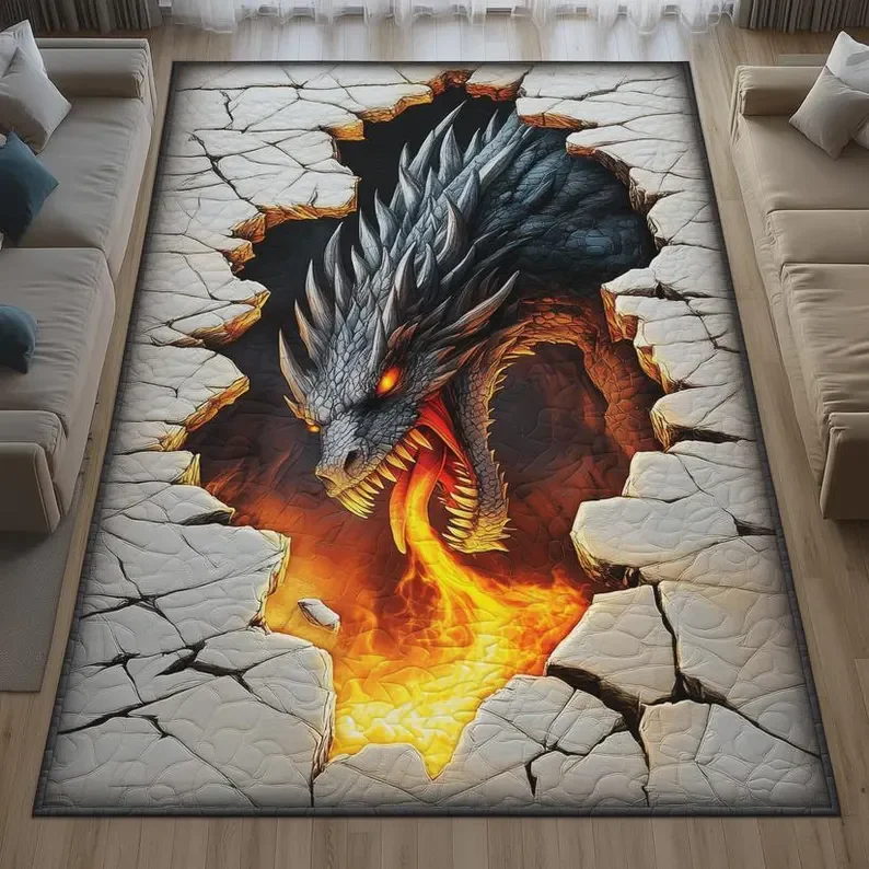 Fire Dragon 3D Illusion Area Rug Fantasy Lava Carpet Gamer Room Decoration