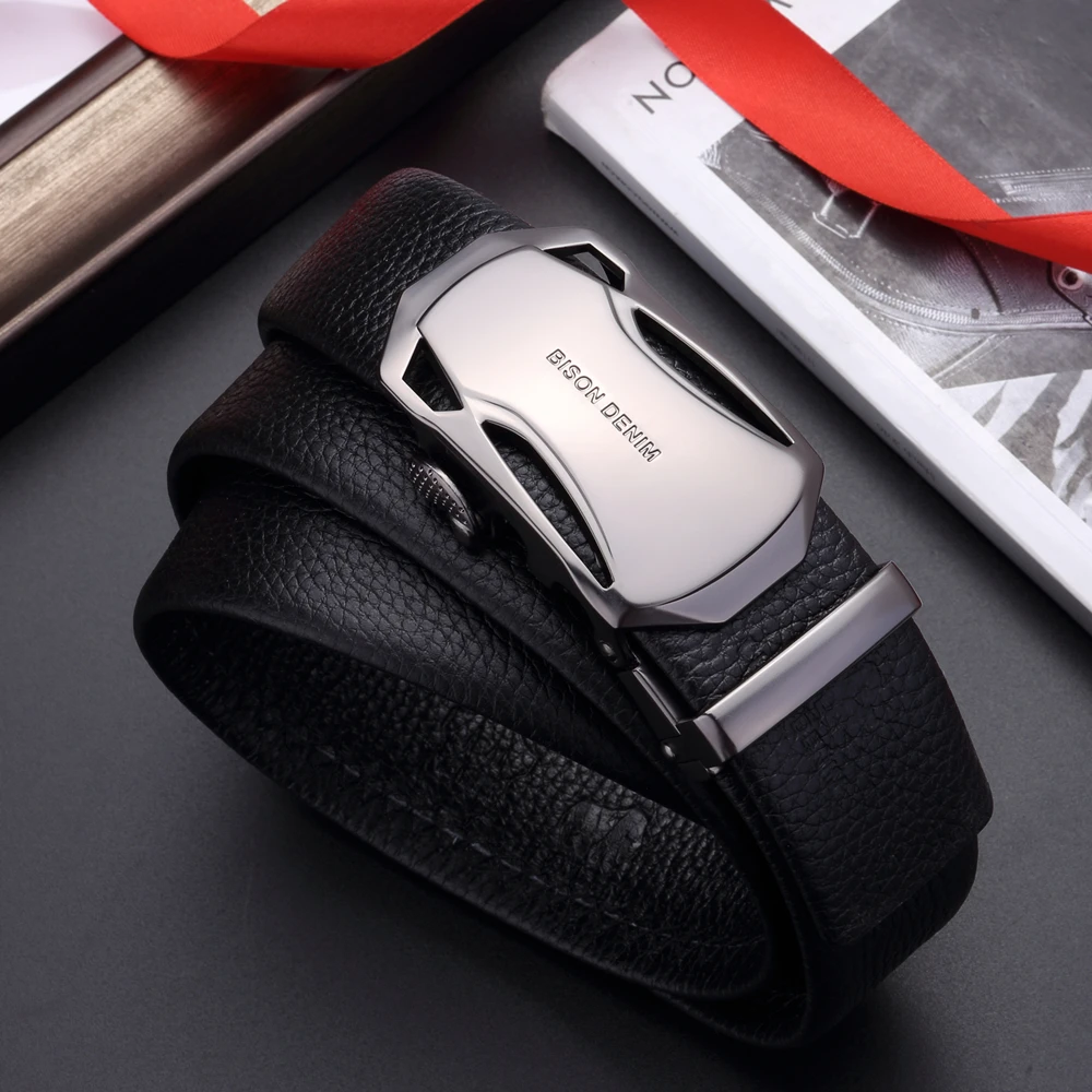 BISON DENIM Men\'s Belt Cow Leather Belts Brand Fashion Automatic Buckle Black Genuine Leather Belts for Men 3.4cm Width N71314