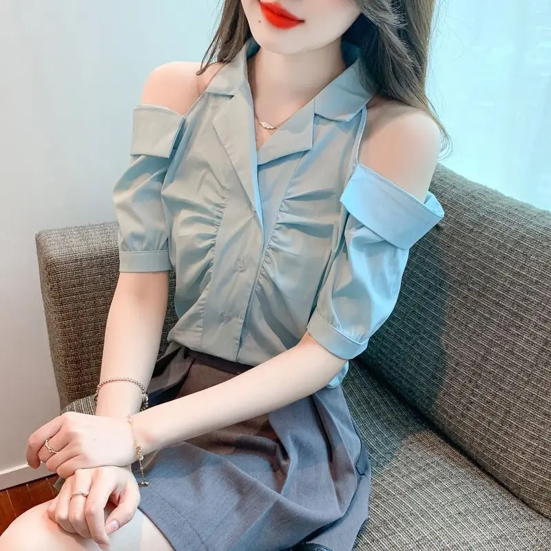 Summer New Temperament Elegant Turn-down Collar Off Shoulder Tops Korean Versatile Fashion Short Sleeve Shirts Women Clothing