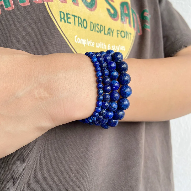 Blue Lapis Lazuli Bead Bracelet Simple 4/6/8/10MM Lapis Lazuli Stone Gem Elastic Bangle Party Friendship Jewelry Gift For Couple
