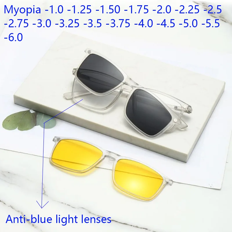 

Анти-синие блокирующие 2 в 1, магнитные поляризационные очки для близорукости, прозрачная оправа, квадратные оптические очки для вождения, очки по рецепту