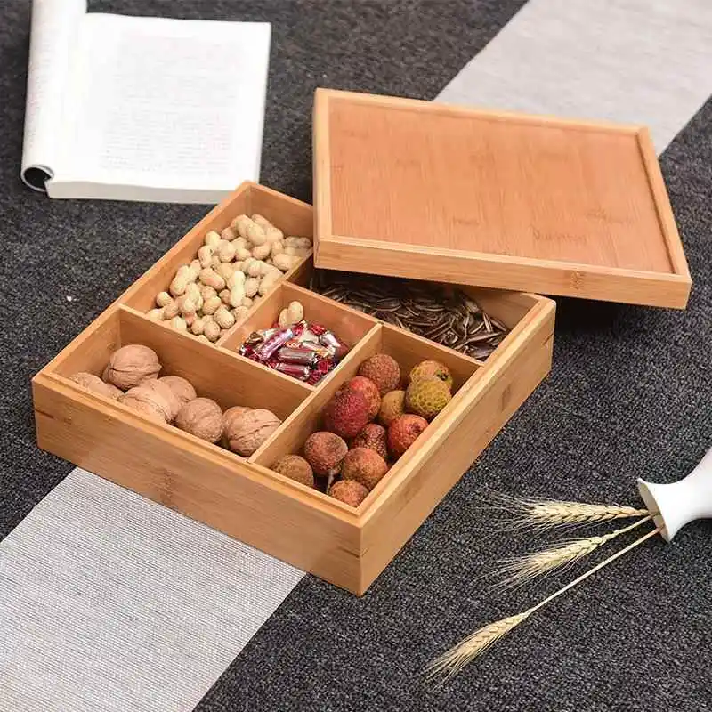 

Four ids Bamboo Fruit Tray Indoor Outdoor Chinese Sle Wedding Dry Fruit Box Partitioned Tray for Tea Snas Hotpot