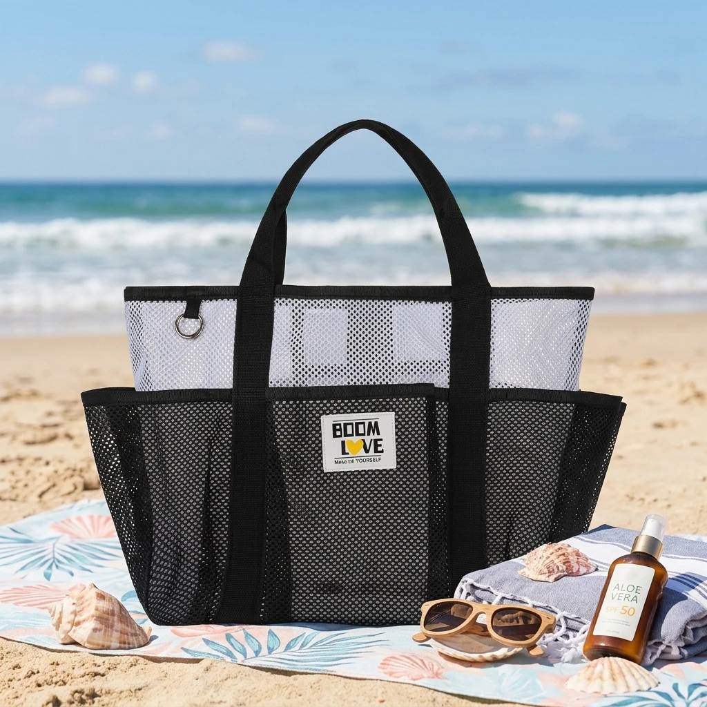 Waterproof Mesh Beach Bag Large Capacity Double Layer Partition Design Reinforced Handles for Beach Swimming Travel