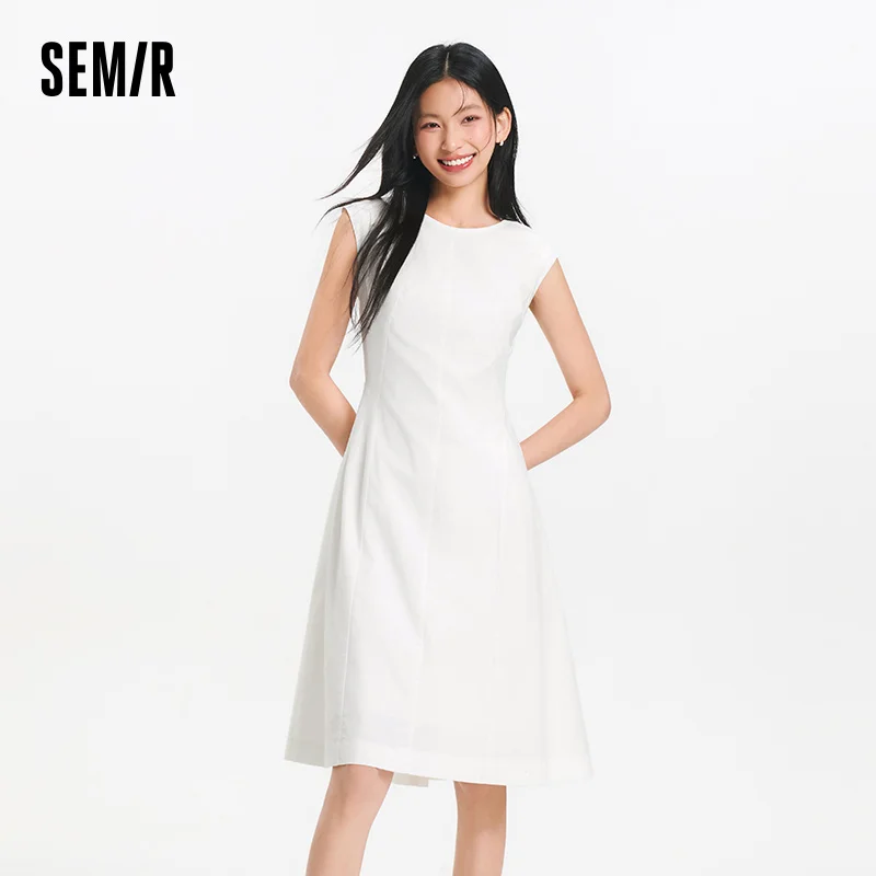 

Semir Dress Women Round Neck Solid Color Versatile 2025 New Summer Sleeveless Medium-length Dress for Commuting