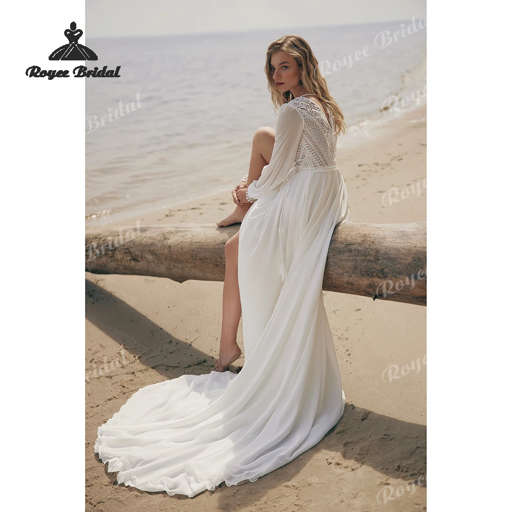

Boho V Neck Chiffon A Line Wedding Dresses 2026 Flower Lace Open Back Customized Beach Bridal Gown Custom vestido de novia