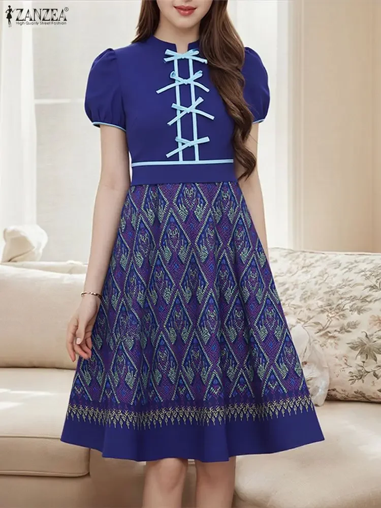 

ZANZEA Vintage Dress 2025 Fashion Short Sleeve Elegant Office Sundress Femme Knee-Length Robe Casual Loose Printed Vestidos