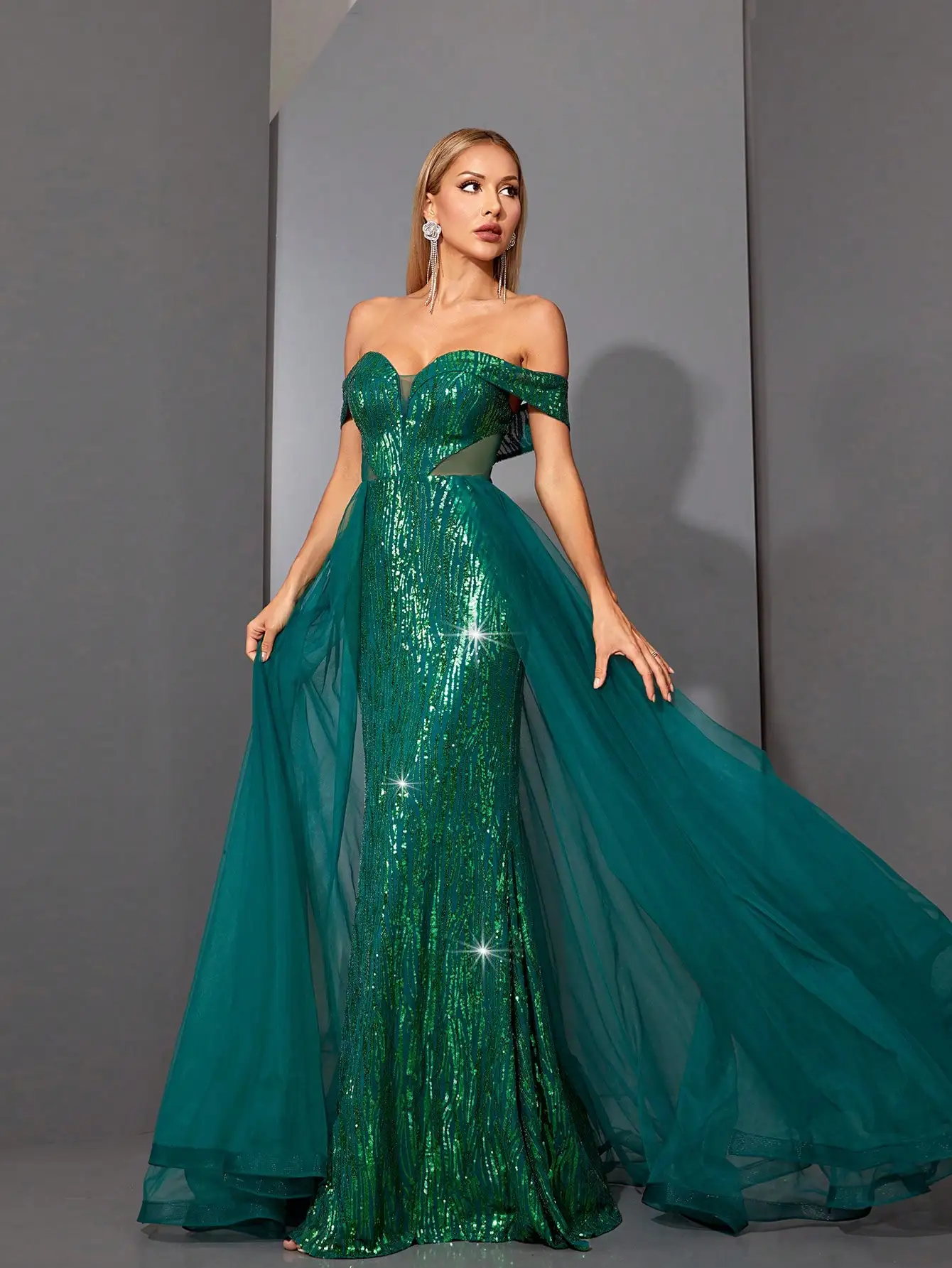 Mgiacy one-shoulder mid-waist mesh sheer sequin slimming fishtail back double-layer mesh large hem long dress