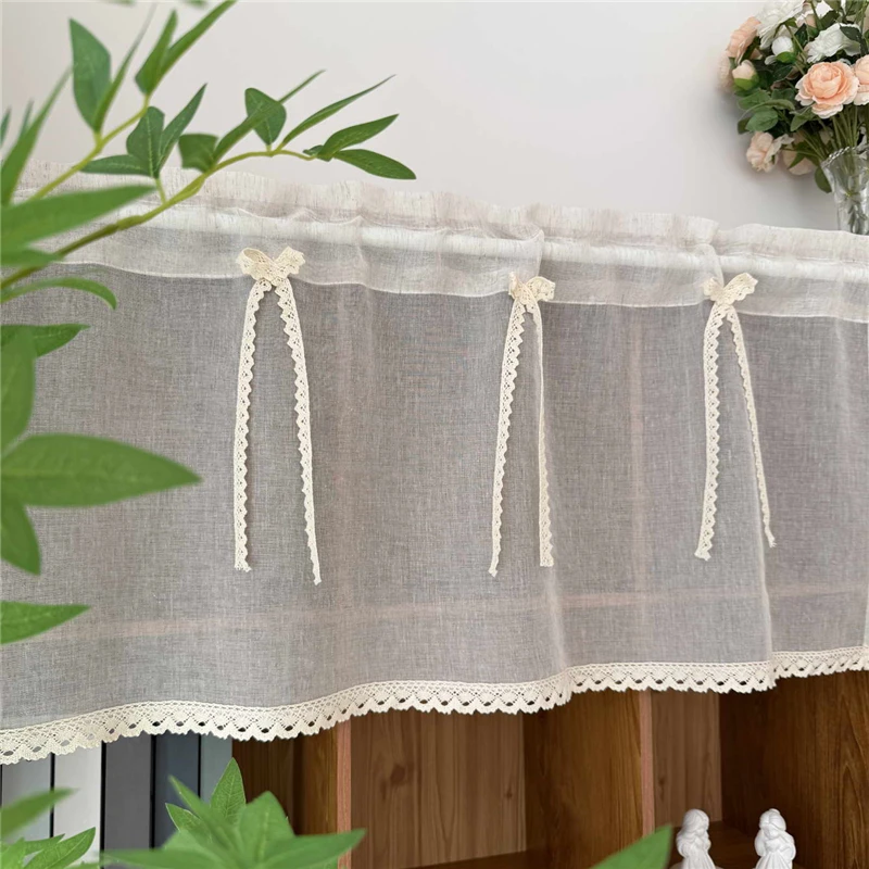 French Romantic Beige Bow Short Sheer Curtain with Crochet Lace Bottom Rod Pocket for Kitchen Living Room Bedroom Home Decor