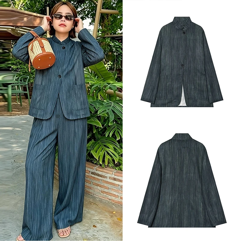 Guobioziy Women's Linen Striped Blazer 2026 Spring-Autumn New Model Solid Color Button Design French Casual Street Daily Wear