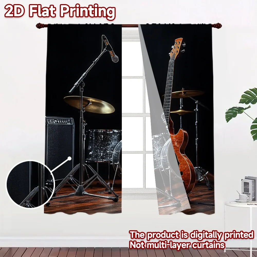 2D flat 2pcs Curtain Home Short Curtains Jazz Stage Instruments Digitally printed polyester Festive Wall Decor for All Occasions