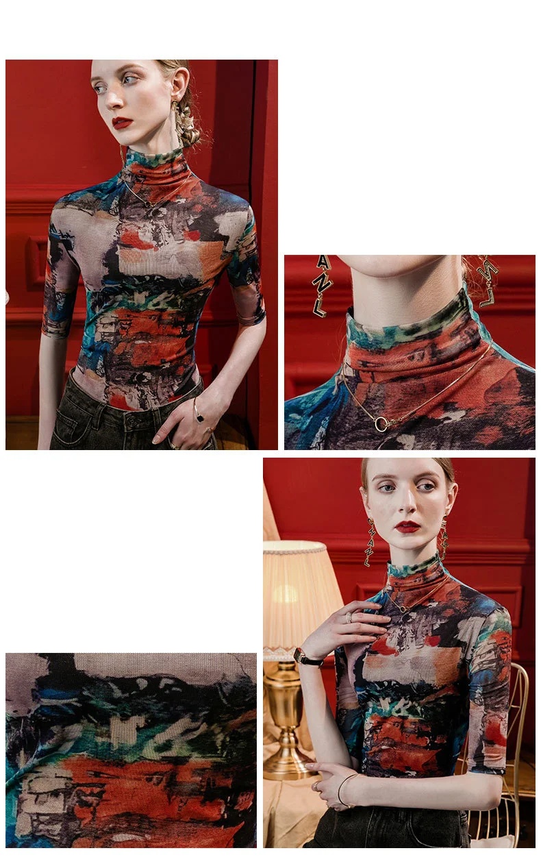 Winsleter Streetwear Tshirt Half Sleeve Elastic Tshirts Women Sexy Turtleneck Printed Slim Mesh Tops Autumn Winter T38472JM — zdjęcie 7