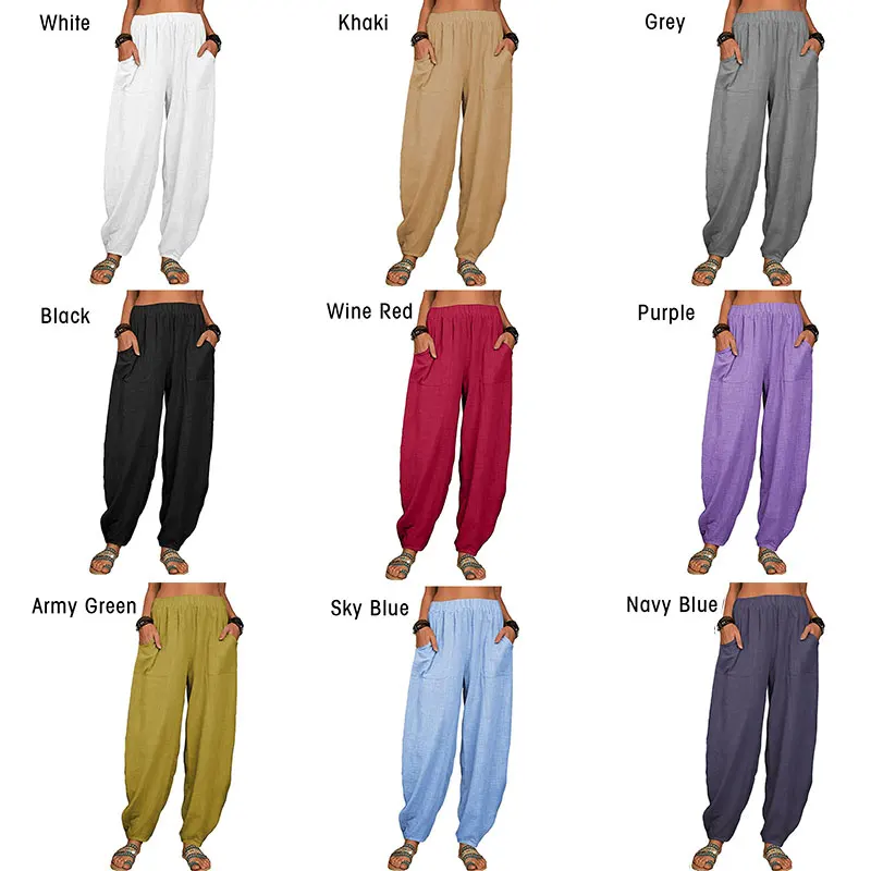 Cotton Linen Pants for Women Summer Loose Casual Harem Pants Trousers Vintage Pockets Elastic Wide Leg Female Trousers Oversize