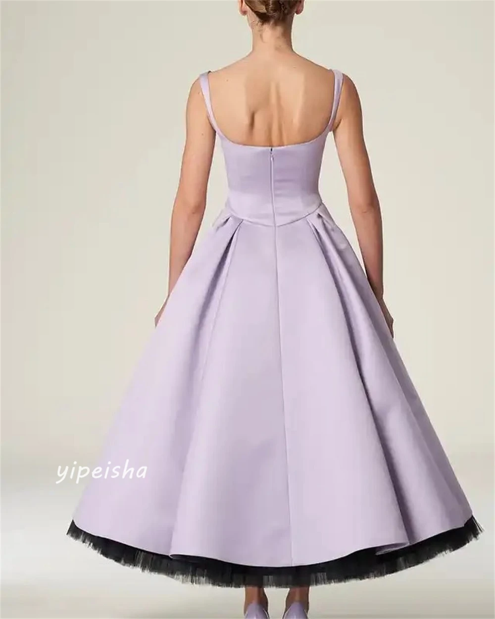 High Quality Sparkle Exquisite Jersey Draped Pleat Valentine's Day A-line Square Collar Bespoke Occasion Gown Midi Dresses