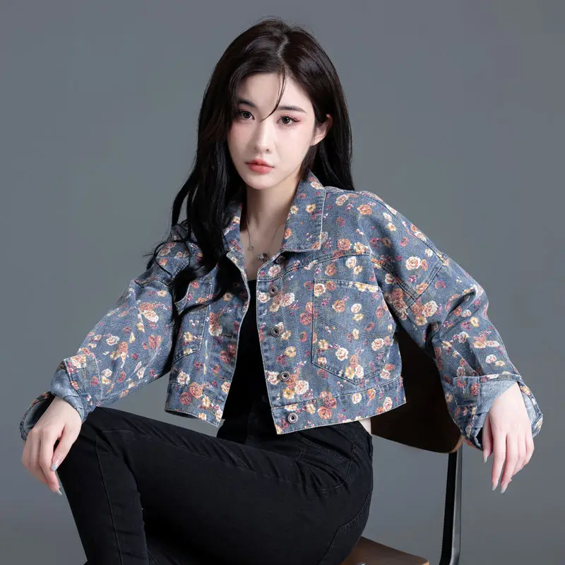 Women's Vintage Floral Long Sleeve Crop Denim Jacket Summer Autumn Streetwear Holiday Loose Denim Outwear Lady Sweet Jacket Top