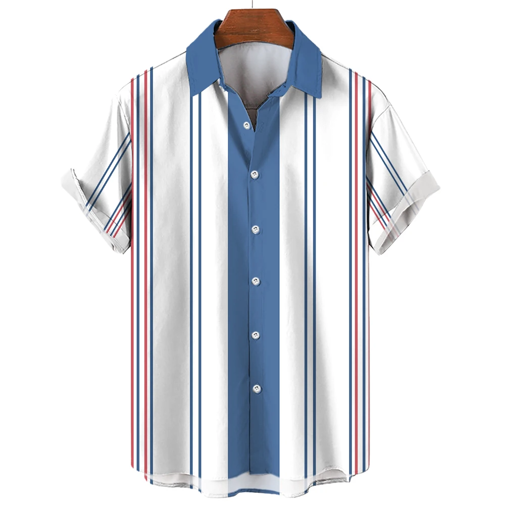 Hawaiian Shirts For Men 3d Stripe Print High-Quality Men\'S Clothing Loose Oversized Shirts And Blooms Summer Casual Short Sleeve