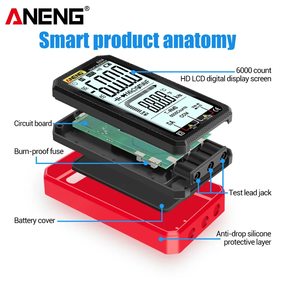 

ANENG Testers True RMS Auto Electrical Capacitance Meter 6000 Counts Digital Smart Multimeter Transistor Temp Resistance 620A