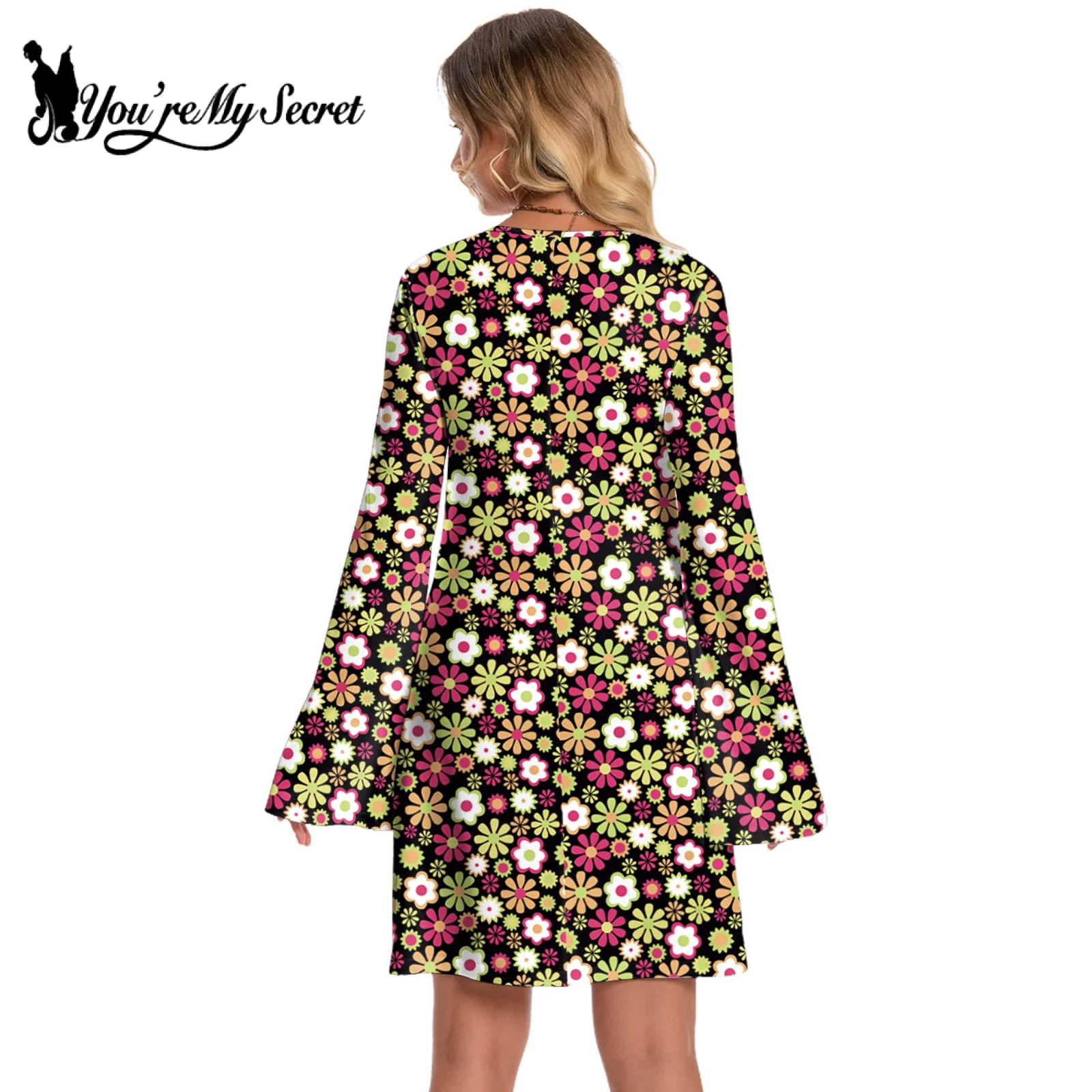[You\'re My Secret] 60s 70s Women\'s Bohemian Style Disco Floral Printed Outfit Dresses Holiday Hippie Costume Clothes Vestidos