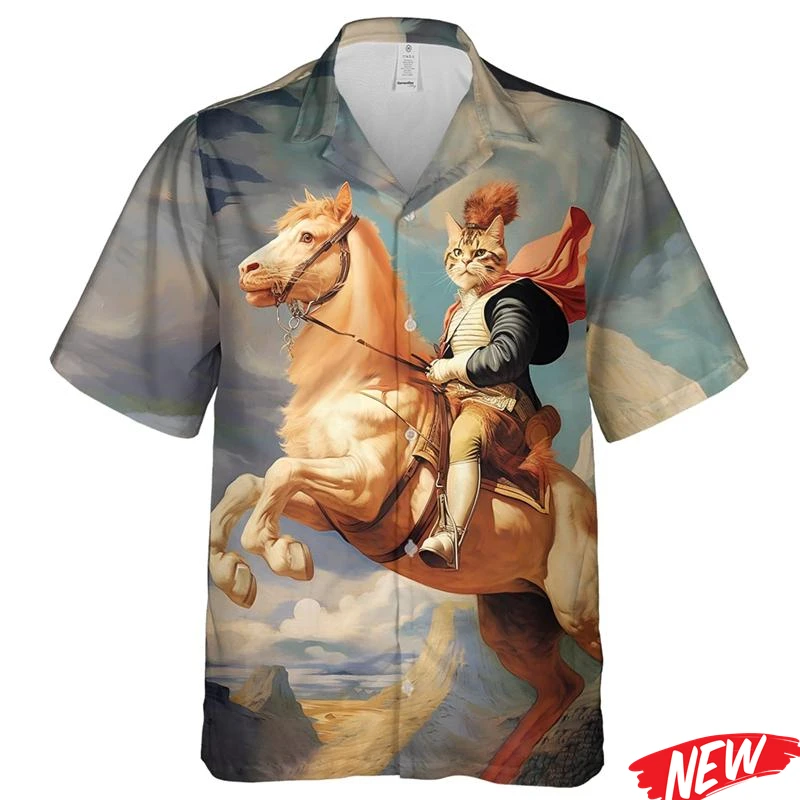 Camisetas Engraçadas com Estampa 3D de Gato para Homens e Mulheres, Camisa Havaiana com Padrão Animal, Manga Curta, Casual, Blusas Oversized.