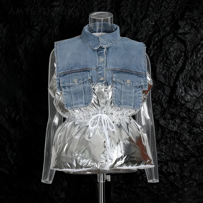 

Korean Design Sense Cotton Clothes Women's Jacket 2026 Winter New Denim Splicing Temperament Casual Waist-cinching Vest Ladies