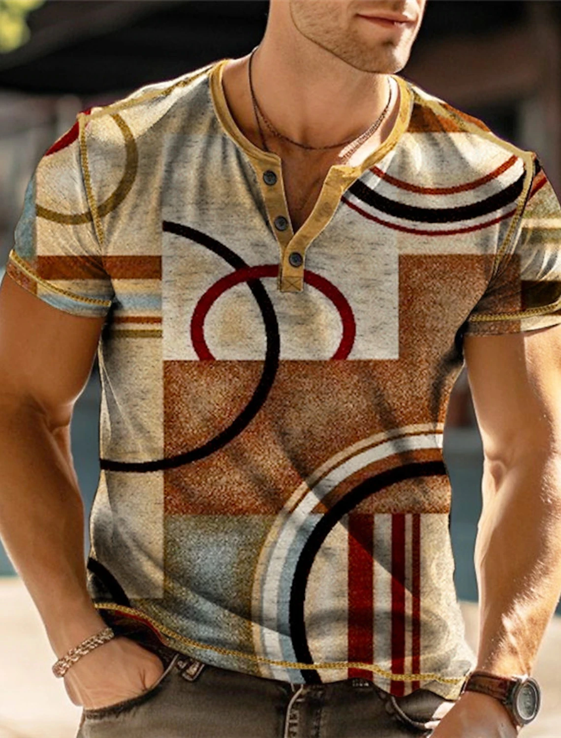 2024 Vintage Men\'s V-Neck Waffle T-Shirt Patchwork Printed Large Size Men\'s Short Sleeve Summer Breathable Street T-Shirt Tops
