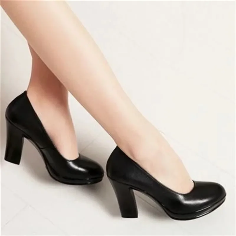 TIMETANGGenuine Leather shoes Women Round Toe Pumps Sapato feminino High Heels Shallow Fashion Black Work Shoe Plus Size 33-43