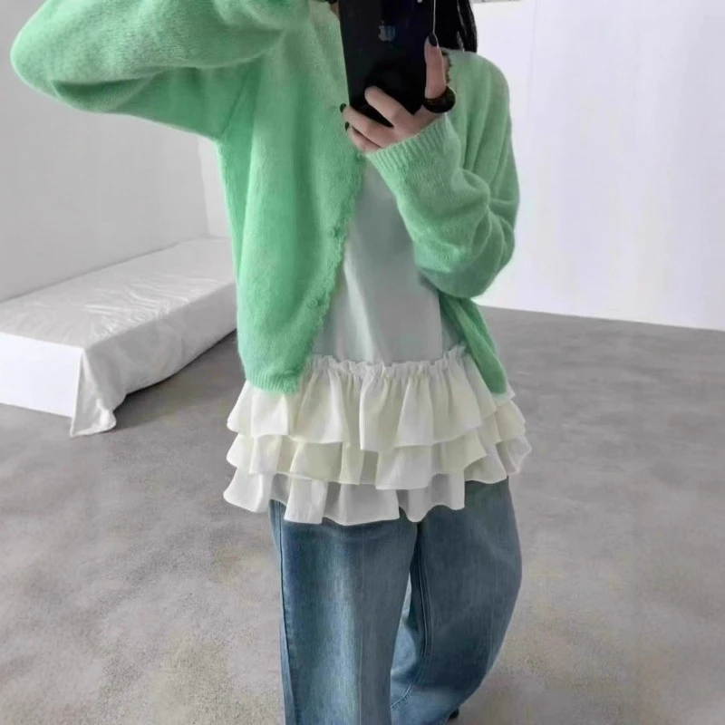 

BAL @ Шерстяной кардиган ручной работы с крючками, женский шерстяной свитер из альпаки, коровьего масла, фруктово-зеленый свитер, маленькое пальто, весна 2023 г.