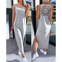Vestido suelto Sexy calado sin mangas de verano para mujer, vestidos informales lisos con abertura a la moda, vestido ajustado de longitud media con cuello redondo para mujer