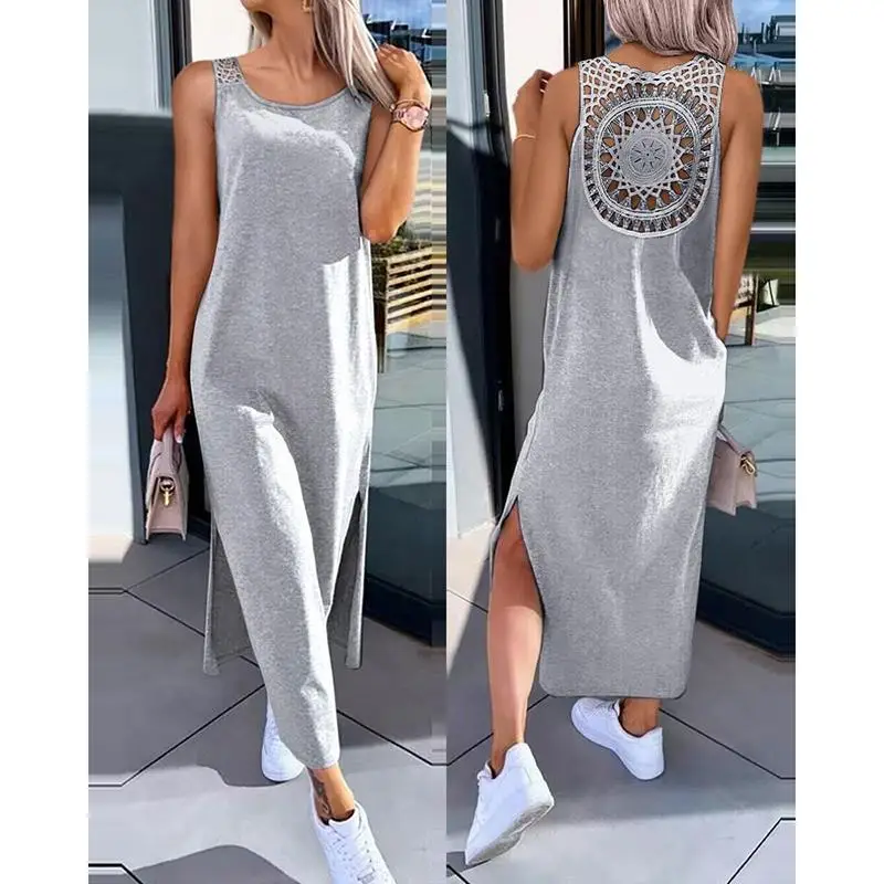 Summer Sleeveless Hollow Sexy Loose Dress Women Fashion Slit Solid Casual Dresses Women Round Neck Mid Length Slim Ladies Dress