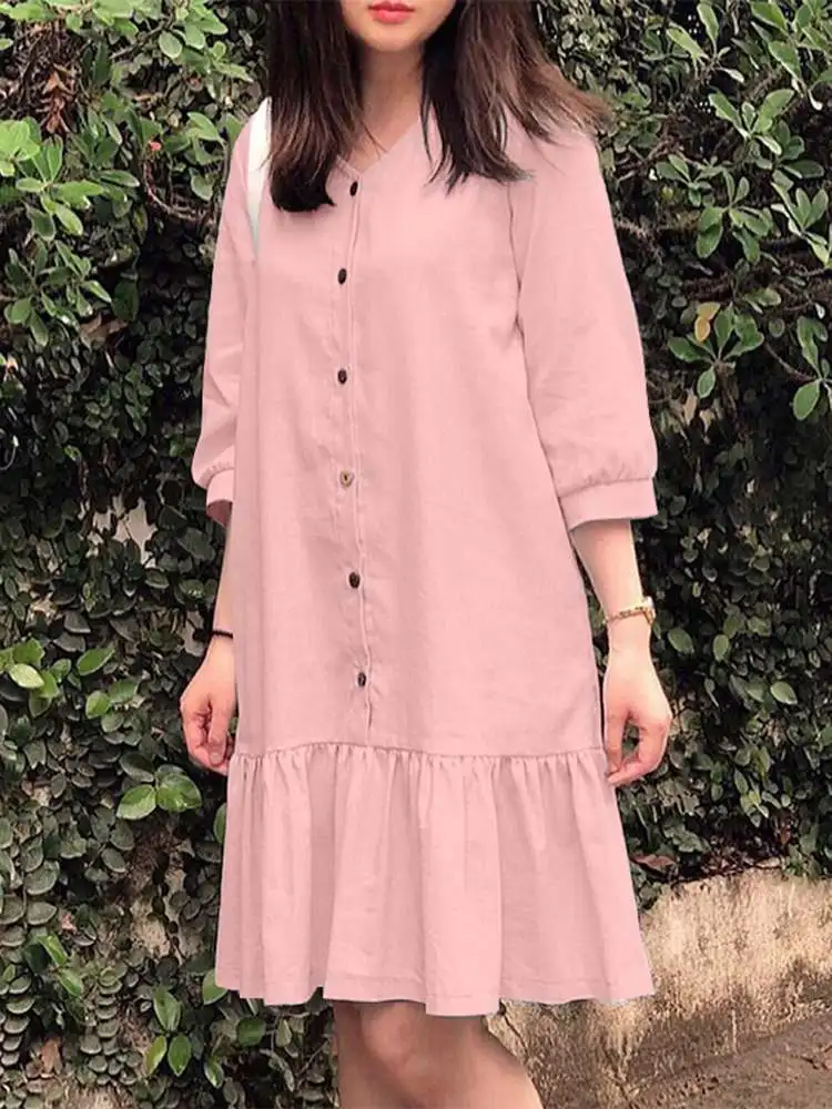 ZANZEA 2024 Summer V Neck Ruffled Hem Robe Women 3/4 Sleeve Short Dress Casual Loose Buttons Dresses Fashion Stitching Vestidos