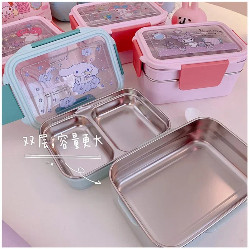 

Cute Sanrio Kuromi Double-Layer Bento Lunch Box with Rice Stainless Steel Insulated Anti-Scald Compartment Cinnamoroll Tableware