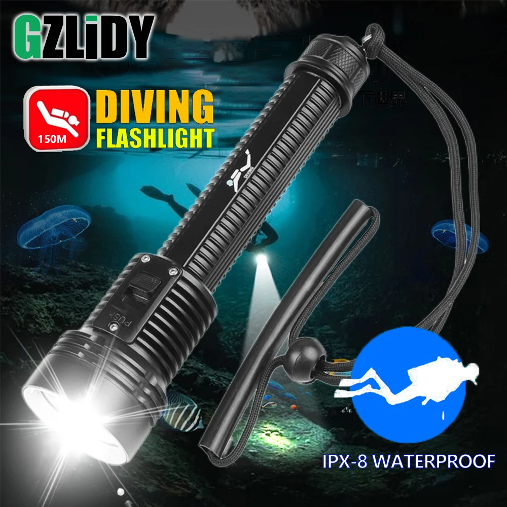 

LED Diving Flashlight Professional IPX8 Waterproof Grade Torch 3 Modes 150M Underwater Dive Lamp Super Bright 18650 Lantern