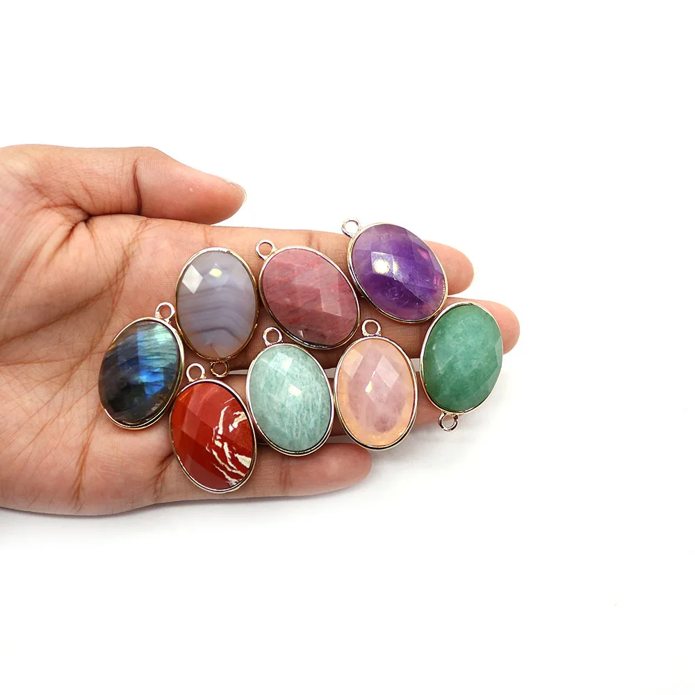 Natural Stone Oval Faceted Crystal Pendant with Electroplated Edge DIY Fashion Accessory for Bracelets and Necklaces 20x31mm