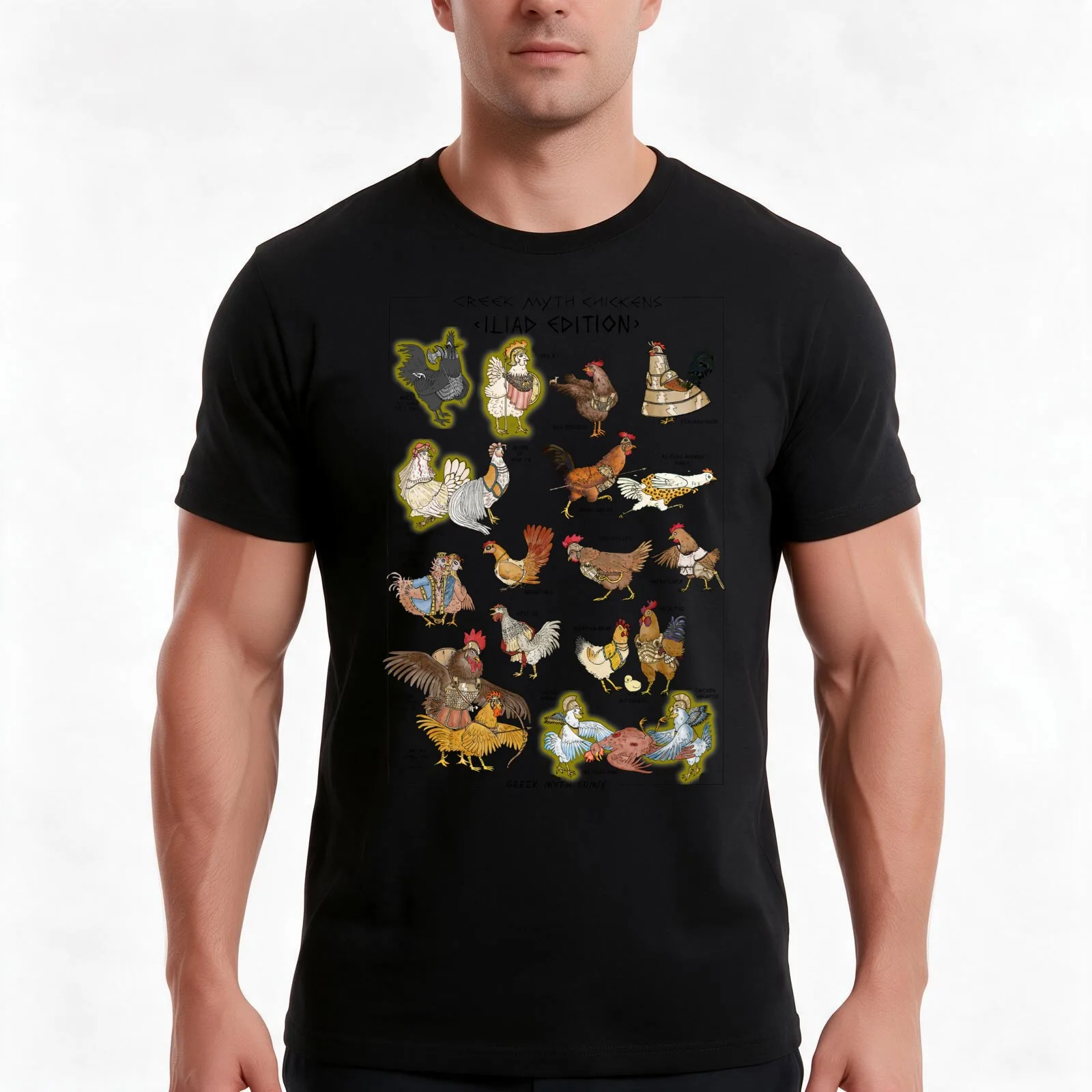Greek Myth Chickens - COLOUR Iliad Edition (no background) T-Shirt, Summer Casual Cotton Tee, Oversized Streetwear Tops