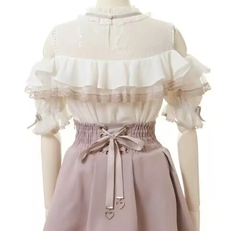 Harajuku Süße Blusen Frauen Lolita Elegante Liebe Herz Bogen Off Schulter JK Hemd Mädchen Casual Spitze Rüschen Y2k Tops Mujer Blusas