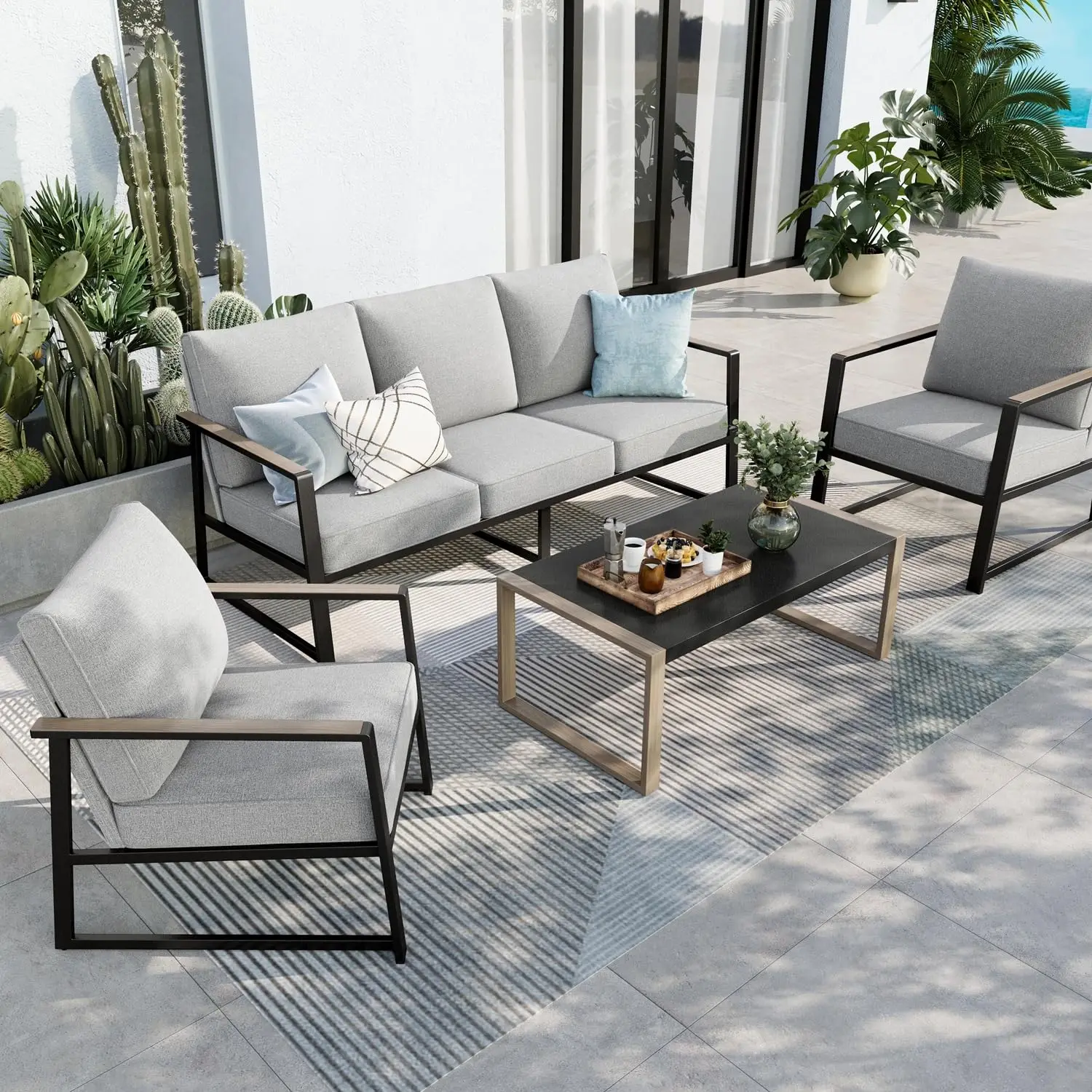 

5 Seats Patio Furniture Sets, Olefin-Filled Textilene Fabric Backrest Outdoor Conversation Sets with Coffee Table,, Customized