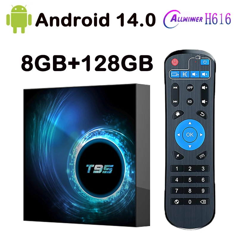 T95 صندوق التلفزيون الذكي Android14 64G 128G Allwinner H616 يدعم HD 8K Dual Wifi 2.4&5G 4K Google Smart Home Media Player Set Top Box