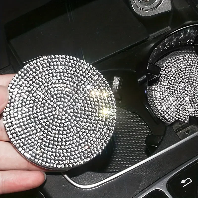 2pcs Cute Bling Car Cup Holder Coaster Mat with Rhinestone for Women Girl Universal Anti Slip Automotive Interior Accessories