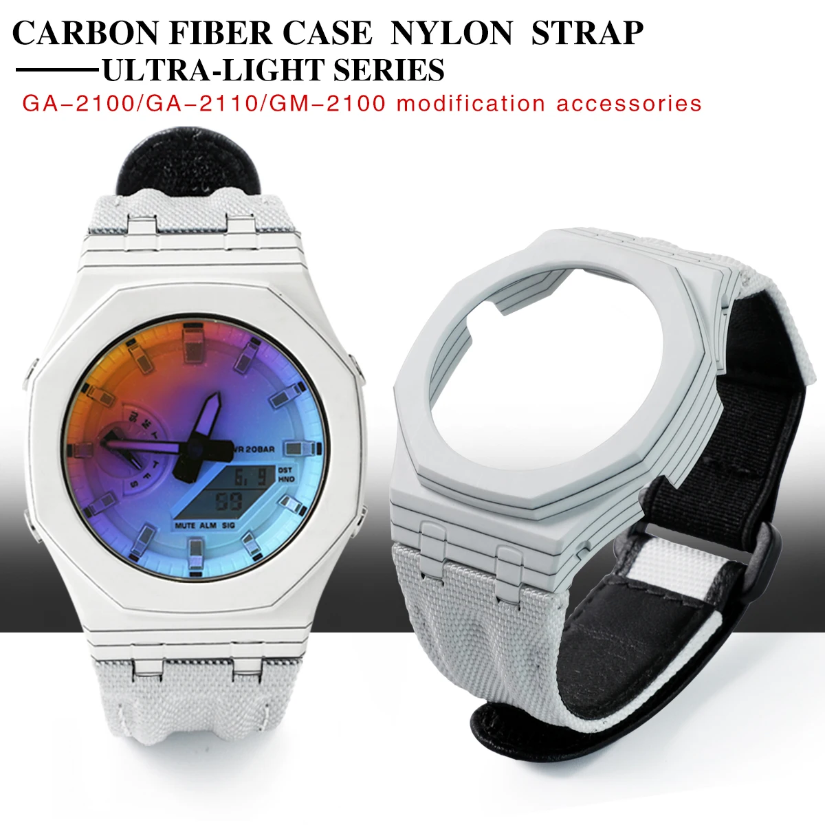 Adapt to GA-2100 GA-B2100 GA-2110 model with carbon fiber case and nylon strap for watch accessory modification.