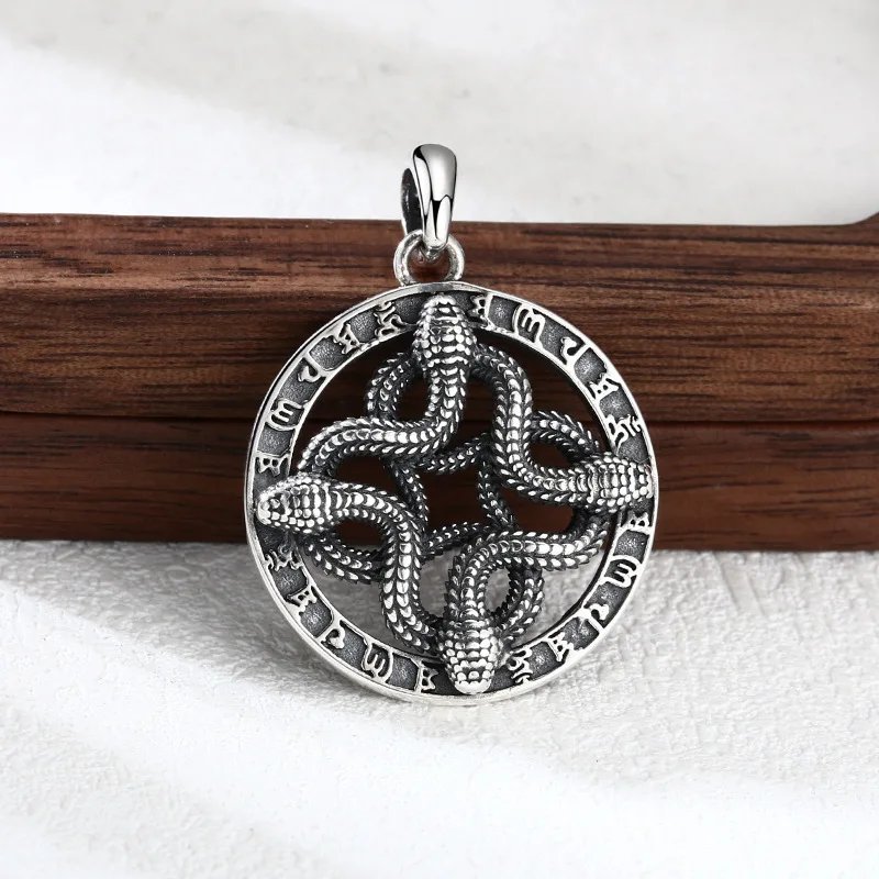 

S925 Sterling Silver Snake Pendant Black Color Buddhism Six Words Ancient Coins Unisex Fine Jewelry FYNE343