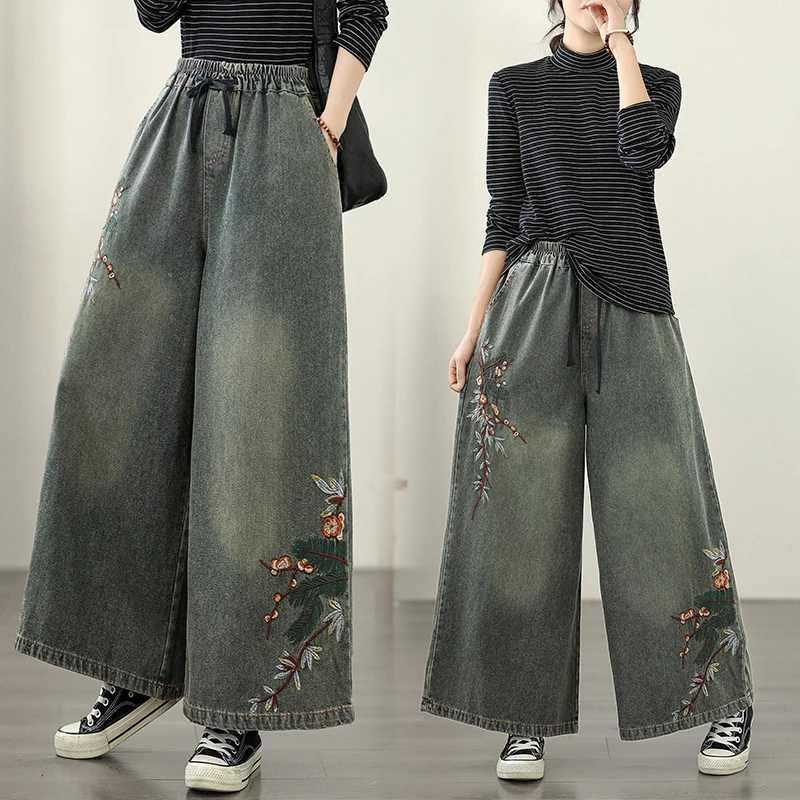 

Винтажные джинсы с тяжелой вышивкой в этническом стиле, свободная талия, повседневные широкие джинсы большого размера, осенняя коллекция, мягкие джинсовые брюки