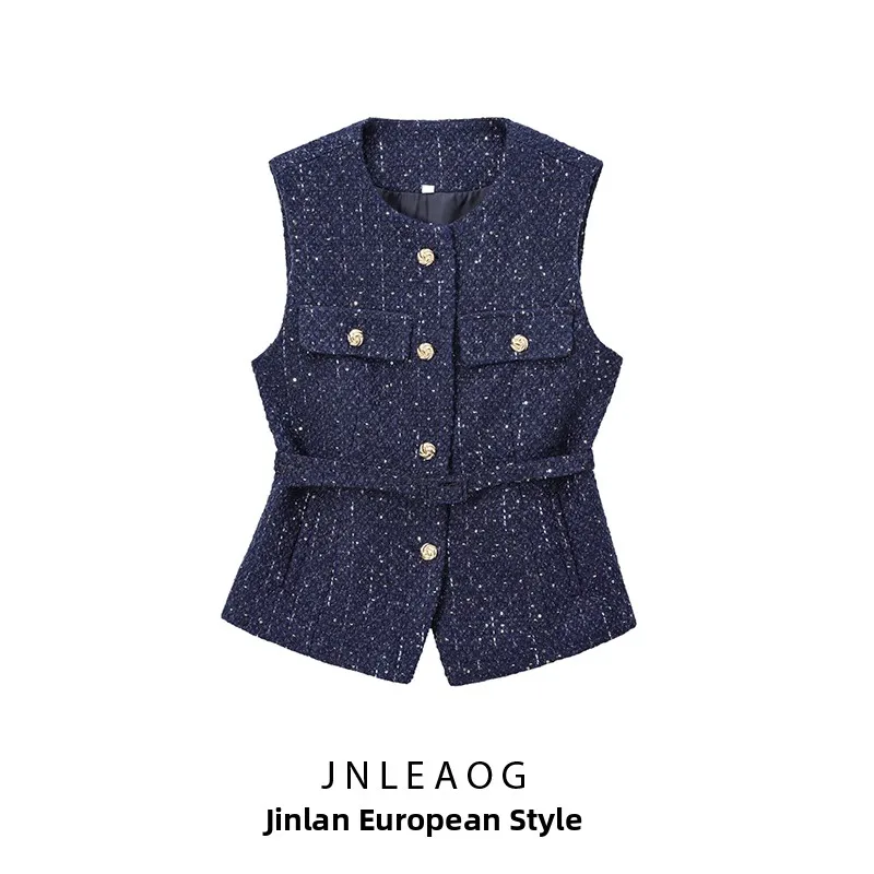 

JNLEAOG Autumn New Women's Faion Design Vest with Belt Bead Embellied Texture 2024 round Ne Polyester Fiber
