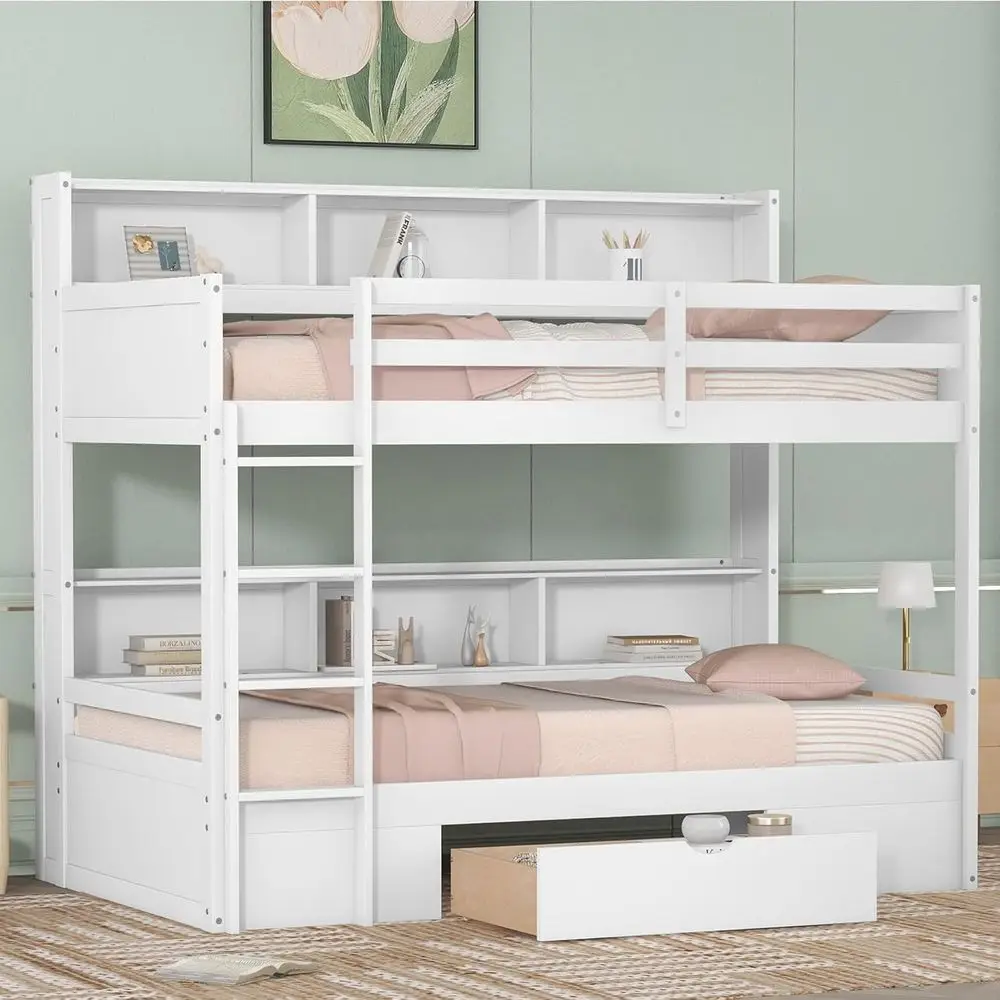 

Двухъярусная кровать Twin Over Twin с местом для хранения и встроенными полками, из массива дерева, подходит для детей, подростков и взрослых - белая