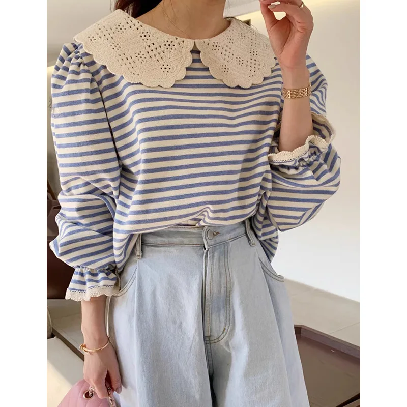 South korea Chic Spring Sweet Younger Lace Doll Collar Loose Casual All-matching Long sleeve Stripe T-shirt Top Women