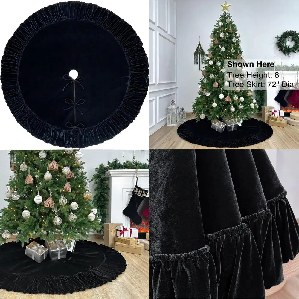 

Black 72 Velvet Ruffled Christmas Tree Skirt with Foam Padding, Nylon Backing, and Lace-Up Closure