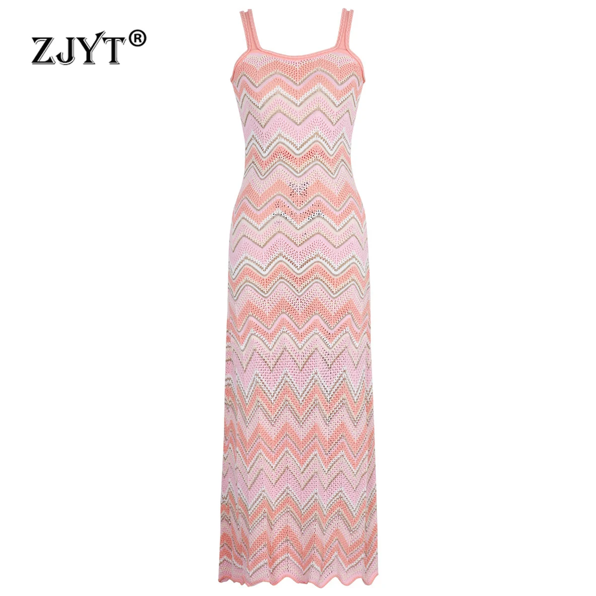 

ZJYT Summer Fashion Striped Spaghetti Strap Knitting Dresses for Women 2025 New Sleeveless Casual Long Holiday Beach Dress