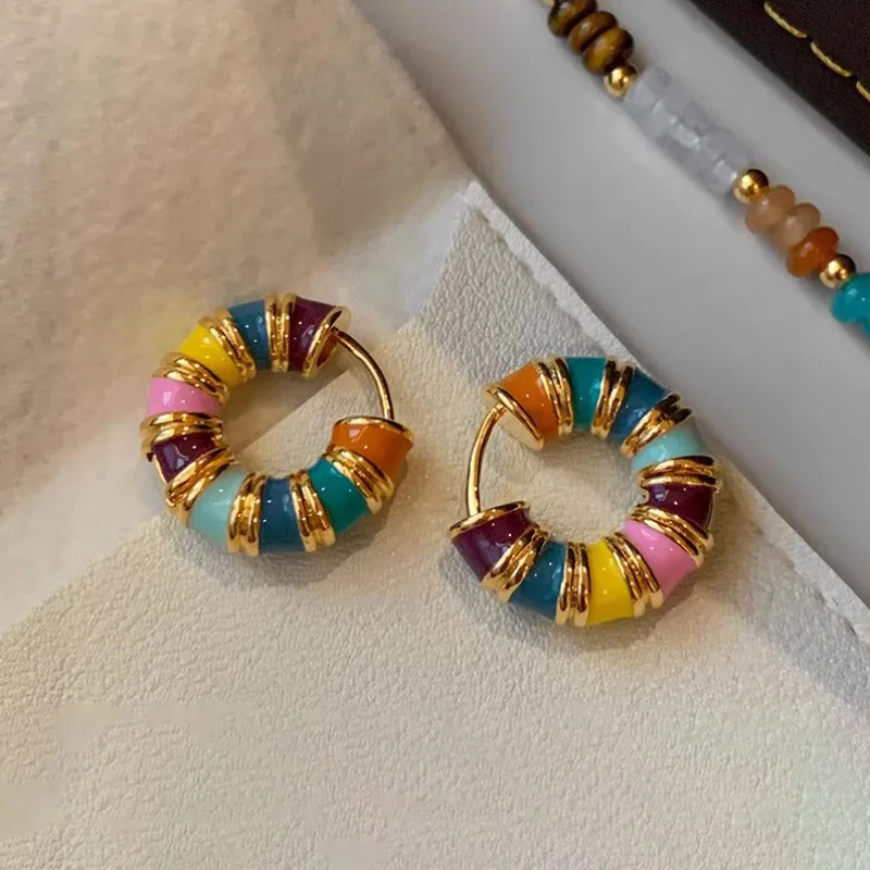 

Vintage color enamel drop glaze circle earrings women's niche unique exquisite 925 sterling silver needle earrings